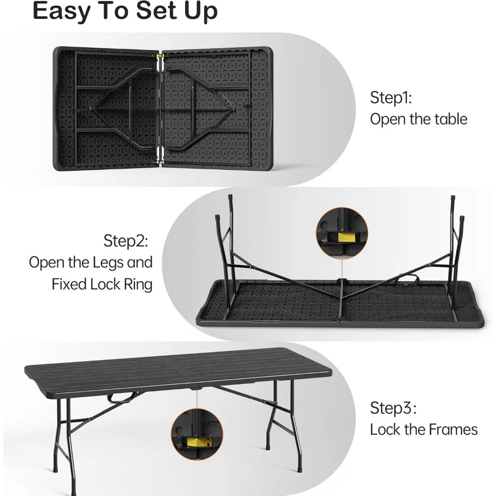 Six Foot Folding Table Heavy Duty Portable Indoor Outdoor Fold in Half Utility Plastic with Handle