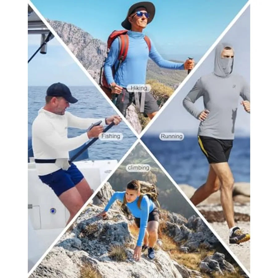 Roadbox Men's UPF 50+ Hooded Fishing Shirts Long Sleeve Sun Protection Hoodie, Hiking Running Swimming Rash Guard with Mask