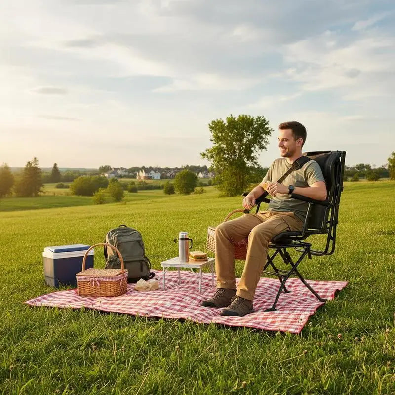 Folding chair, camping chair, fishing chair with armrests, adjustable carrying strap, and steel frame; folding garden chair (136 kg load capacity); 360° silent swivel; for picnics, garden, and outdoor use
