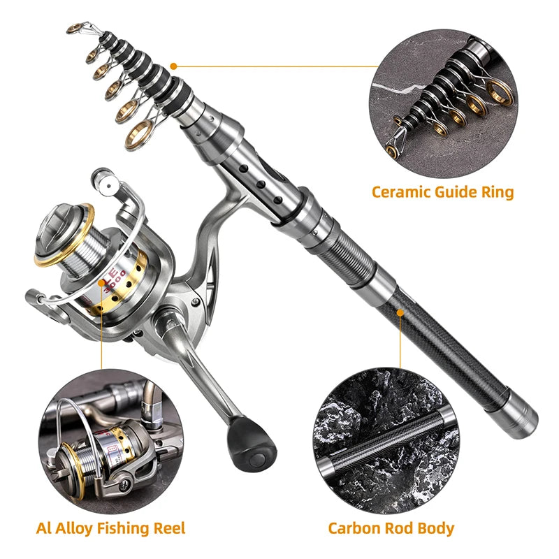2.4m-10 Sections Fishing Rod Reel Combo Full Kit Telescopic Fishing Rods Spinning Reels Set with Hooks Soft Lures Barrel Swivels
