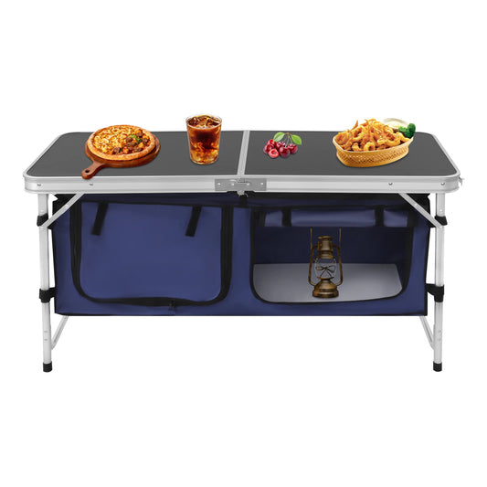 Folding Camping Table Adjustable 21.3-27.6in, Portable Aluminum Table with Storage, 77lbs Capacity for Outdoor
