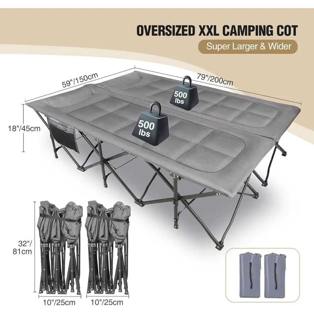 Queen Size Camping Cot or Adults 2 Person, 500lbs Heavy Duty XXL Double Cot with Pad, Portable olding Sleng Cot or Indoor Oice O