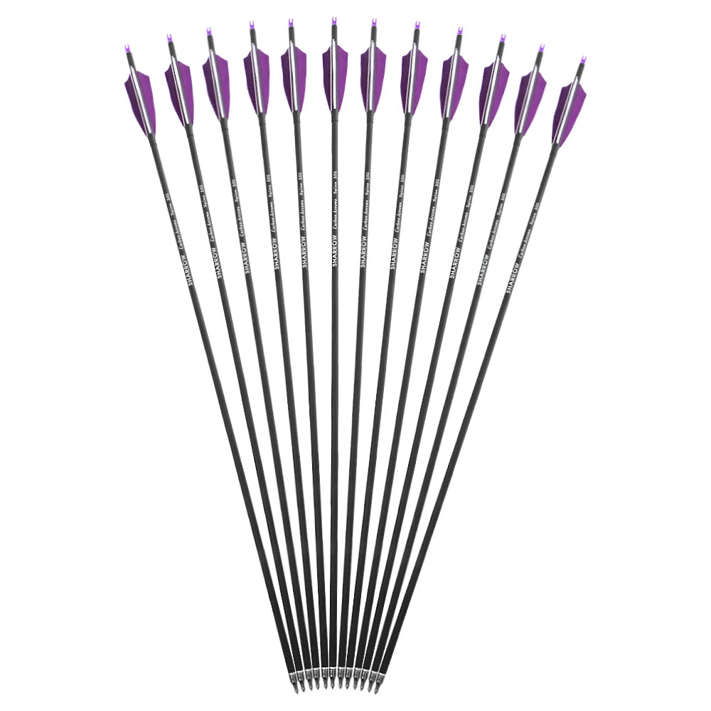 12pcs Mixed Carbon Arrows 4inch Turkey Feather Spine 500 ID6.2mm OD7.8mm Shaft 100 Gr Arrowheads Bow Hunting Shooting Acc