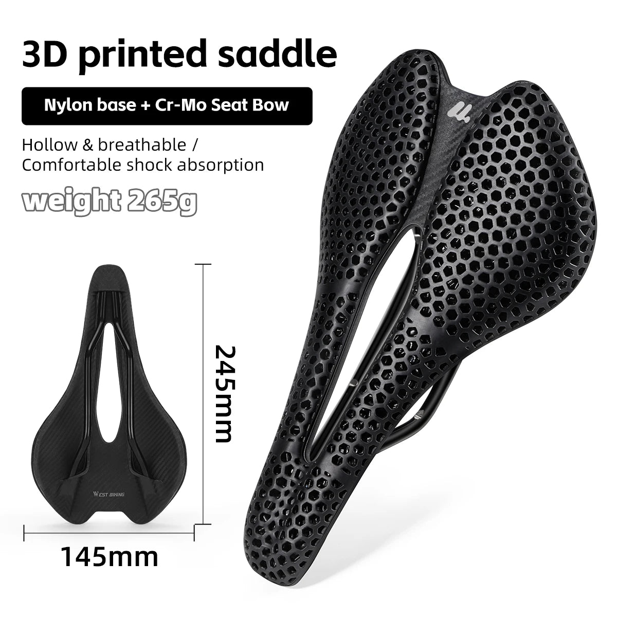 WEST BIKING 3D Printed Bicycle Saddle T700 Carbon Fiber/Titanium Alloy/Cr-Mo Seat Bow Comfort Cushion For Road Bikes 145/150mm