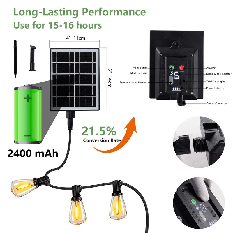 100FT Solar String Lights Waterproof, 30 LED Dimmable Patio Lights with Remote & USB Port for Garden Camping Backyard