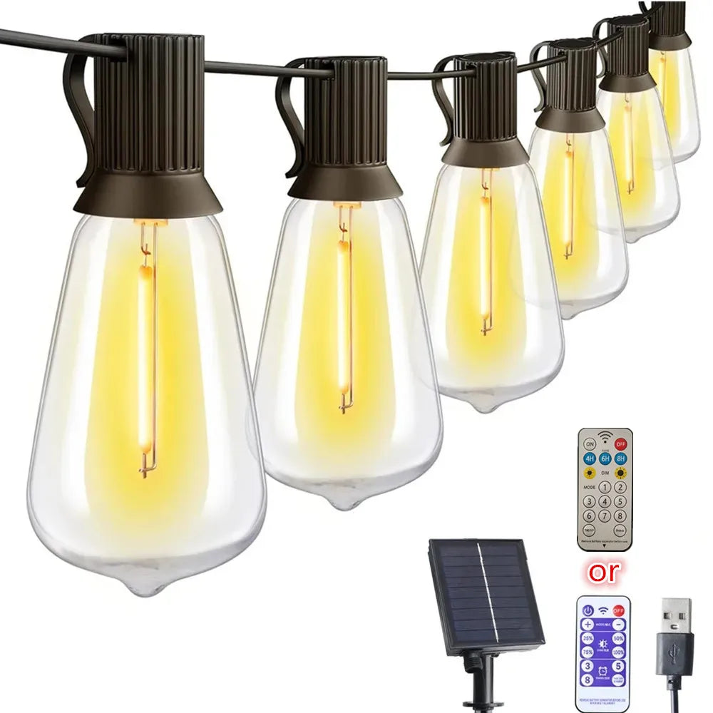 LED ST38 Solar String Lights for Outside, USB & Solar Dual Charging Outdoor String Lights for Porch Garden Camping