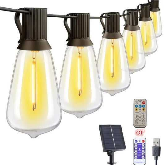 LED ST38 Solar String Lights for Outside, USB & Solar Dual Charging Outdoor String Lights for Porch Garden Camping