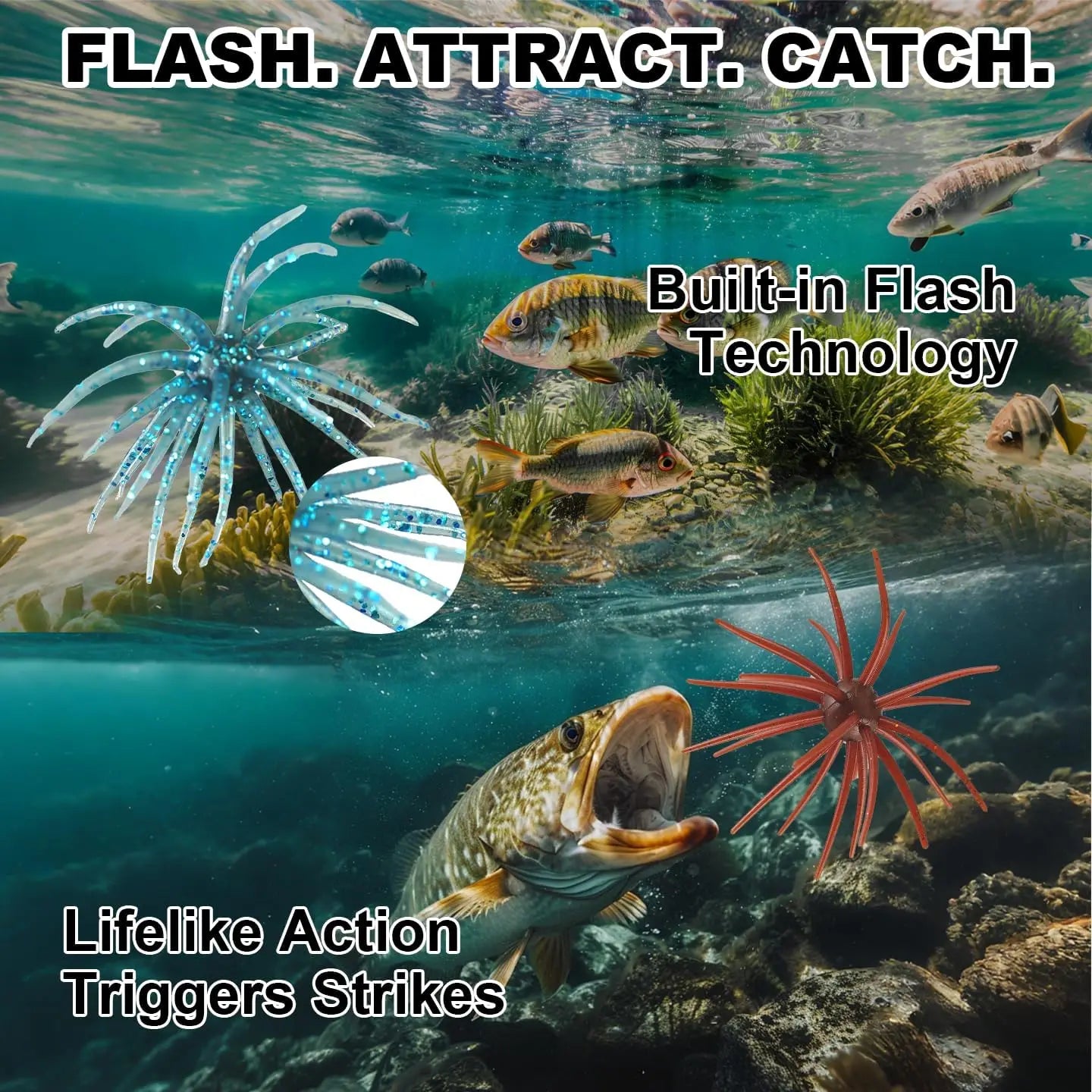 3-Size Sea Urchin Soft Creature Baits, 12 Pcs Bass Fishing Lures, TPR Plastic Drop Shot Wacky Rig Kit for Lake River