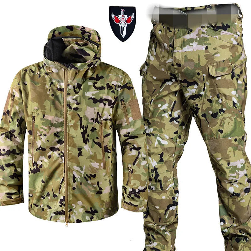 6XL TAD Tactical Men Hunting Hiking Fishing Explore Clothes Suit Camouflage Shark Skin Hunting Waterproof Hooded Jacket+Pants