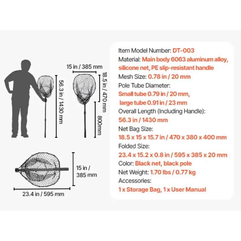 143cm/56.3in fishing net, foldable landing net with telescopic handle, lightweight and sturdy 6063 aluminum fishing gear, fishing net with anti slip telescopic rod handle, foldable fishing net, soft silicone fish friendly net