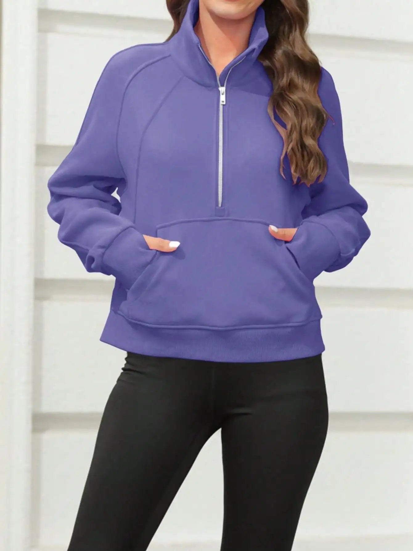 Women Half Zip Crop Sweatshirt Fleece Lined Pullover Funnel Neck Thumb Holes Y2K Streetwear Winter Outfit