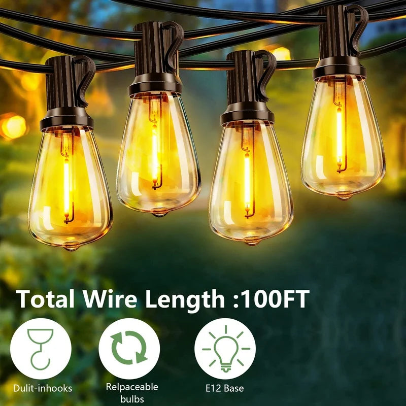 100FT Solar String Lights Waterproof, 30 LED Dimmable Patio Lights with Remote & USB Port for Garden Camping Backyard
