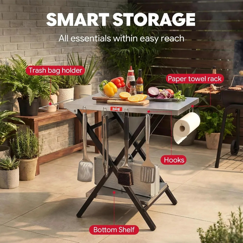 Foldable Outdoor Grill Table, Pizza Oven Stand & Griddle Stand with Garage Rack & Tissue Holder, 30" x 24" Stainless Steel