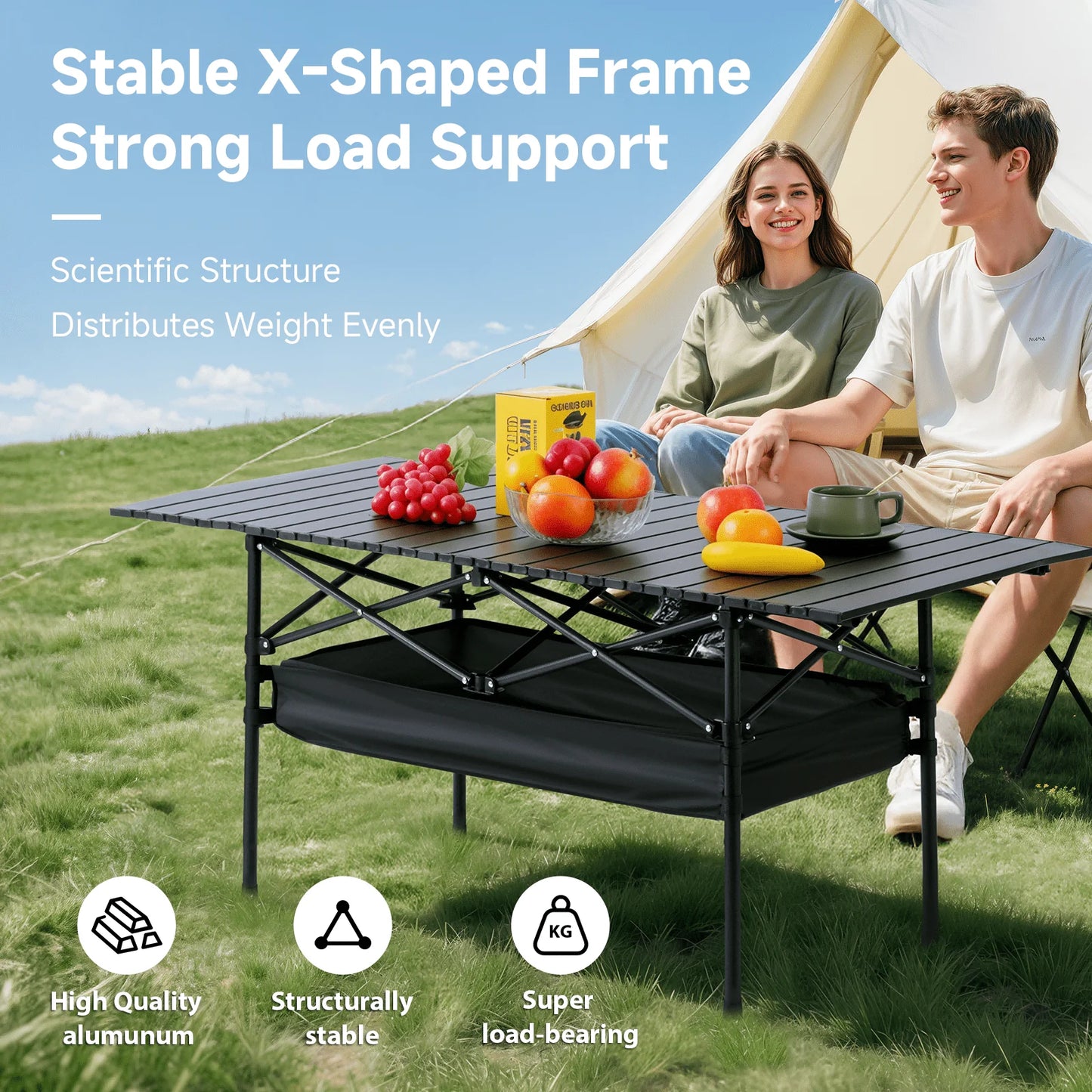 Senmeo Camping Table, Fold Up Lightweight, 4-6 Person Portable Roll Up Aluminum Table With Carry Bag For Outdoor, Support Up To