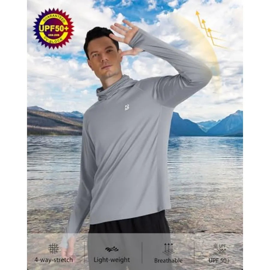 Roadbox Men's UPF 50+ Hooded Fishing Shirts Long Sleeve Sun Protection Hoodie, Hiking Running Swimming Rash Guard with Mask