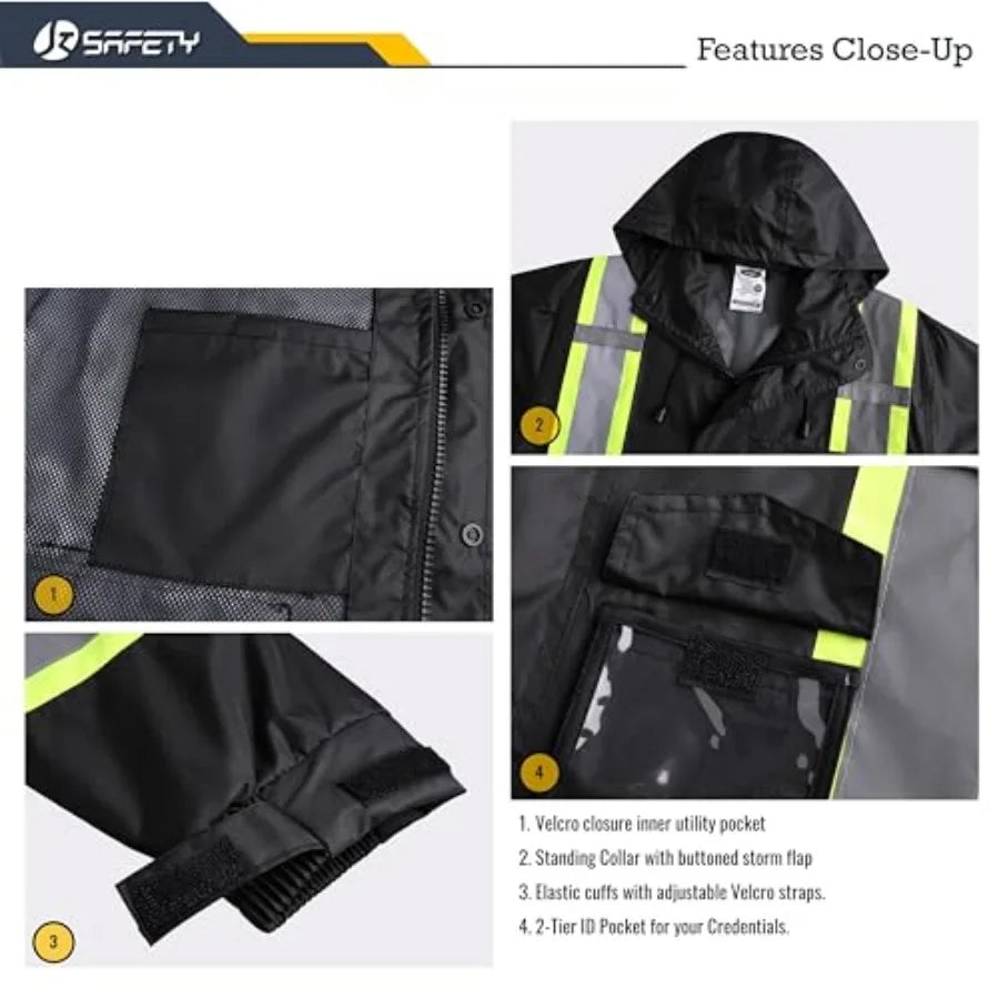 Hi-Vis Reflective Safety Rain Jacket and Pants for Men Women Waterproof Rain Gears for Farming Fishing Work HV Rain Suit with I