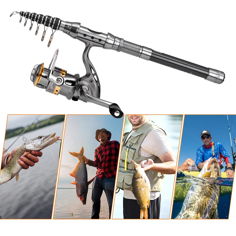 2.4m-10 Sections Fishing Rod Reel Combo Full Kit Telescopic Fishing Rods Spinning Reels Set with Hooks Soft Lures Barrel Swivels