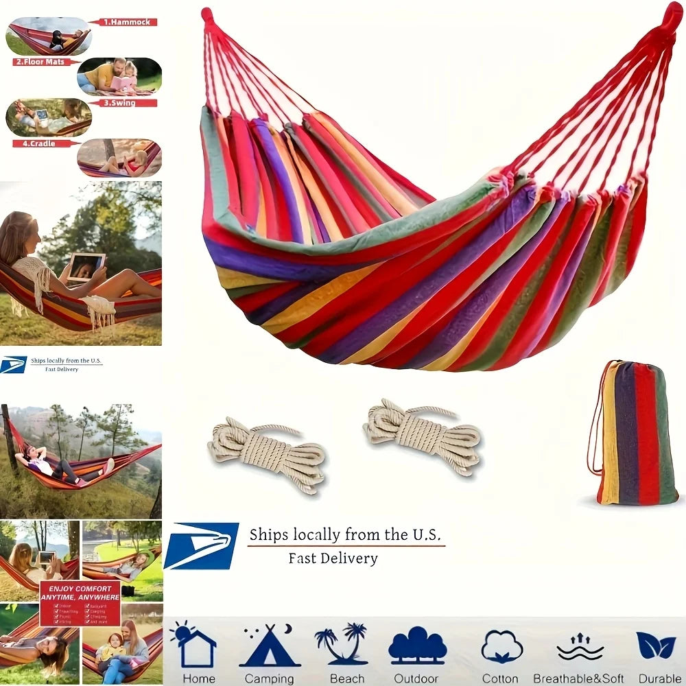 Double Hammock 2 Person Canvas Cotton Hammock with Tree Straps for Patio Garden Backyard Outdoor and Indoor (Red, Blue)