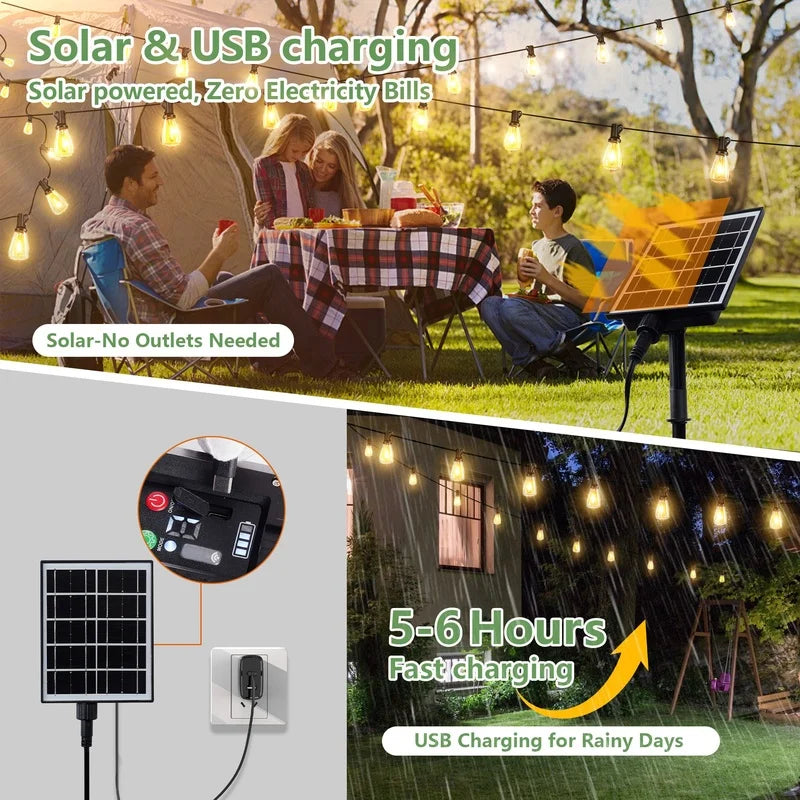 100FT Solar String Lights Waterproof, 30 LED Dimmable Patio Lights with Remote & USB Port for Garden Camping Backyard
