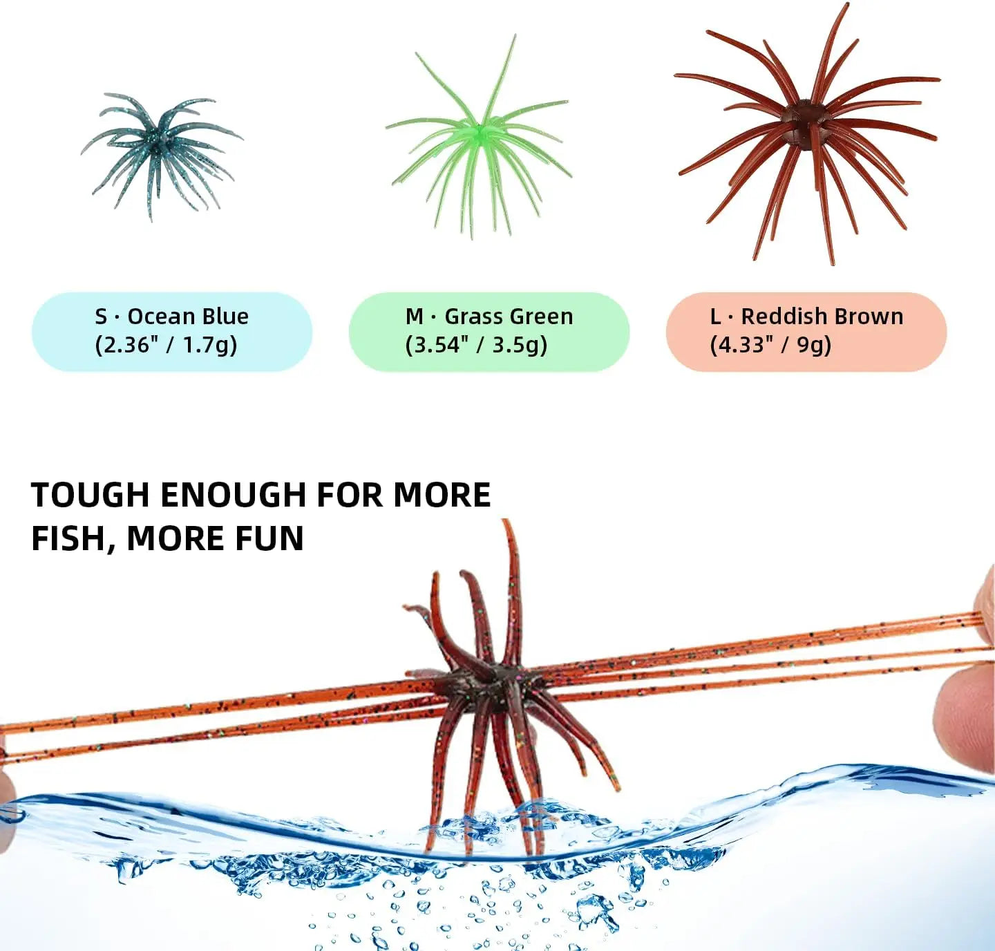 3-Size Sea Urchin Soft Creature Baits, 12 Pcs Bass Fishing Lures, TPR Plastic Drop Shot Wacky Rig Kit for Lake River