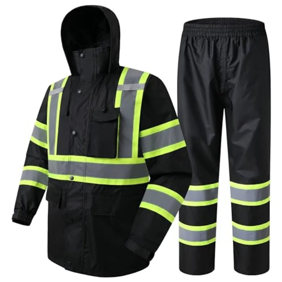 Hi-Vis Reflective Safety Rain Jacket and Pants for Men Women Waterproof Rain Gears for Farming Fishing Work HV Rain Suit with I