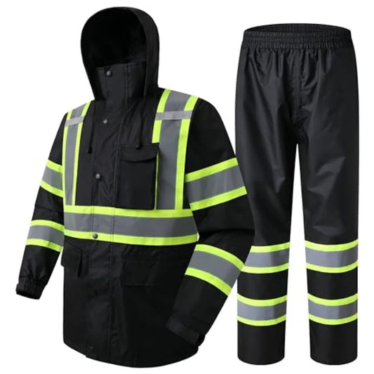 Hi-Vis Reflective Safety Rain Jacket and Pants for Men Women Waterproof Rain Gears for Farming Fishing Work HV Rain Suit with I