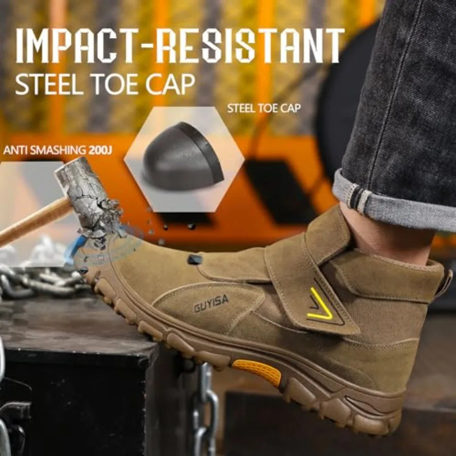 GLANOUDUN Steel Toe Boots for Men Slip on Work Boots for Men Comfortable Safety Boot Indestructible Construction Footwear Lacel