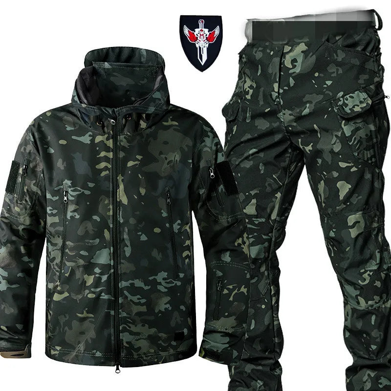 6XL TAD Tactical Men Hunting Hiking Fishing Explore Clothes Suit Camouflage Shark Skin Hunting Waterproof Hooded Jacket+Pants