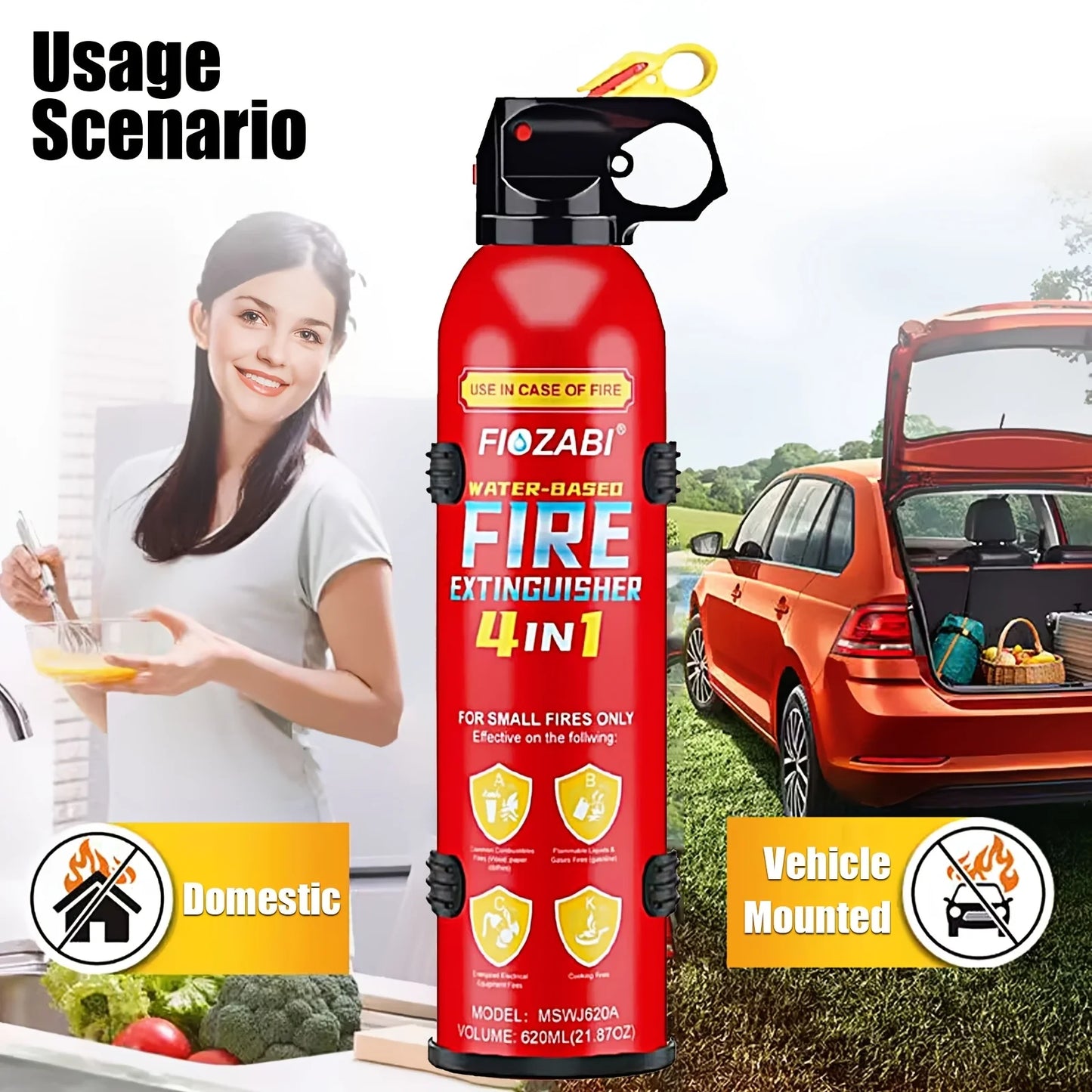 Portable Fire Extinguisher | 4-in-1 Small Fire Extinguisher for Home, Garage, Kitchen, Car | for Electric, Textile And Grease Fires | Non-Toxic, Easy Clean, Wall Mount Include
