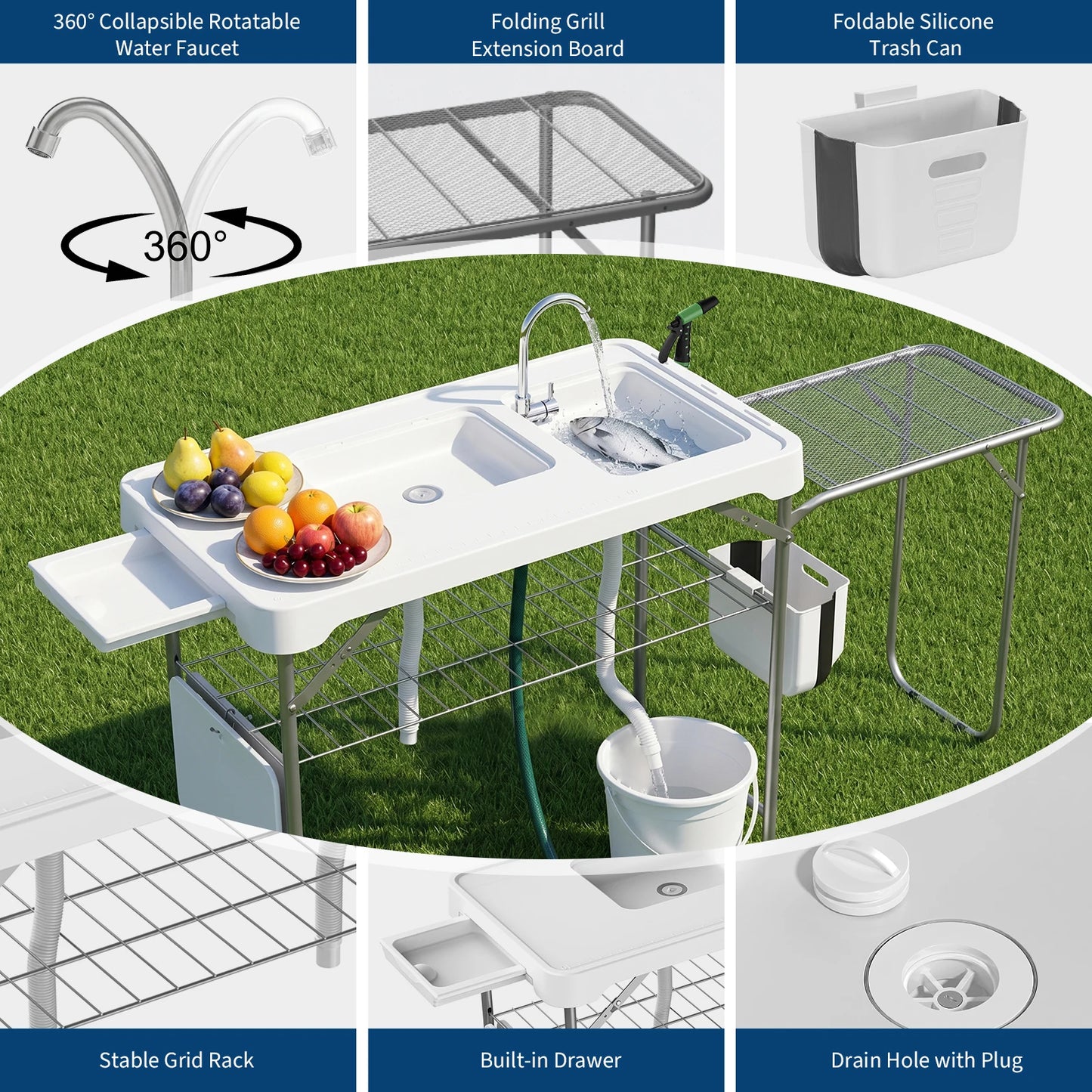 Fish Cleaning Table, Folding Camping Table with Folding Grill Extension Board, Portable Fish Cleaning Station with Dual Sinks, Drainage Hose, Sprayer, Grid Rack for Patio Backyard BBQ