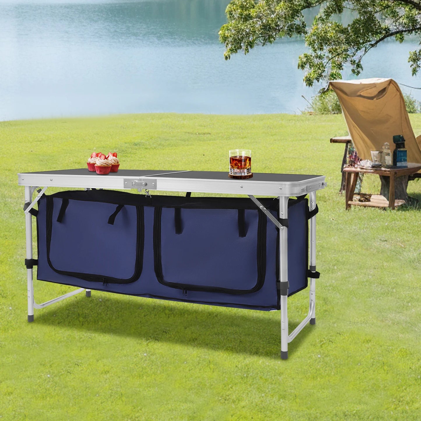 Folding Camping Table Adjustable 21.3-27.6in, Portable Aluminum Table with Storage, 77lbs Capacity for Outdoor