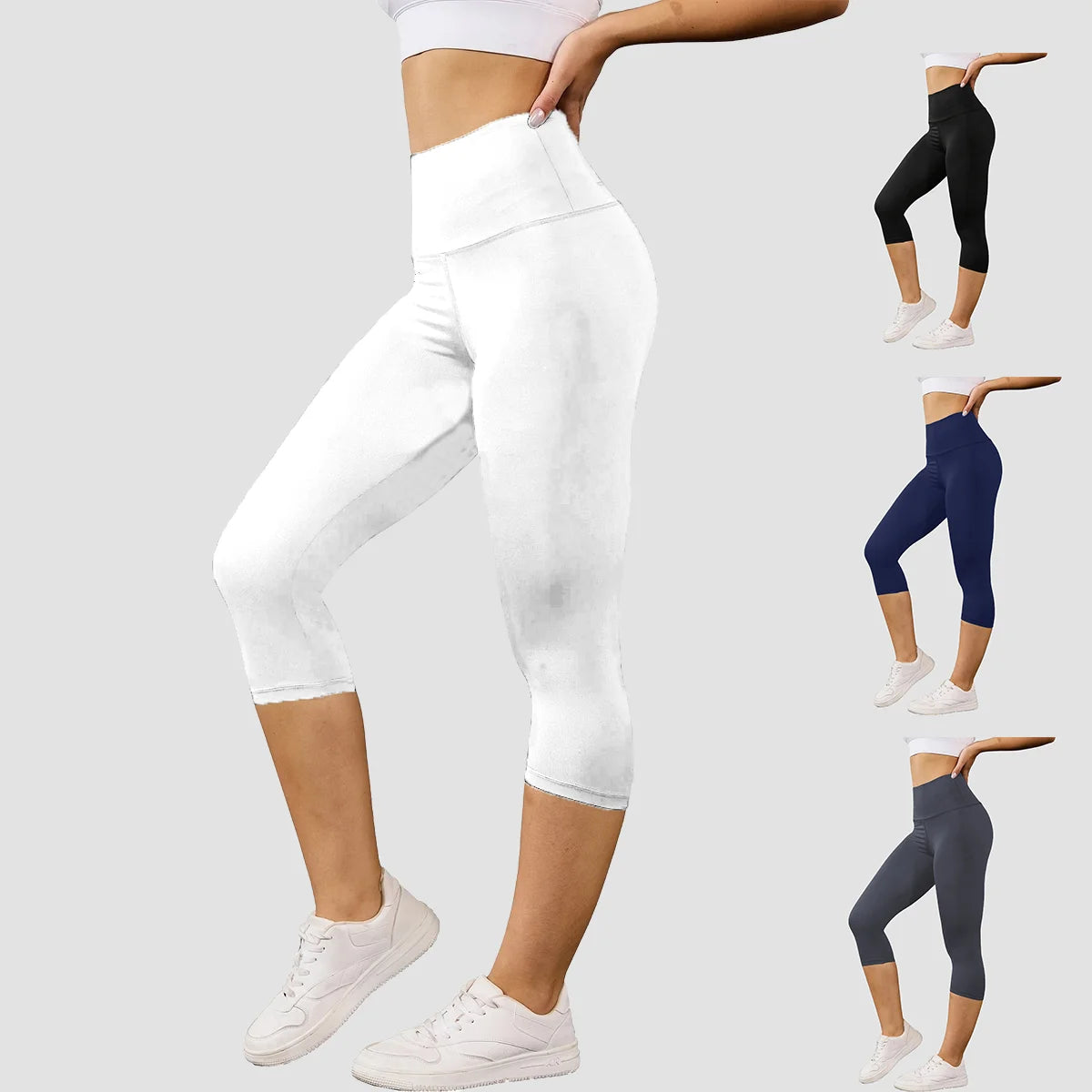 Women's High Waisted White Leggings Knee-Length Yoga Pants Stretchy  Breathable for Workout, Running, and Daily Casual Wear