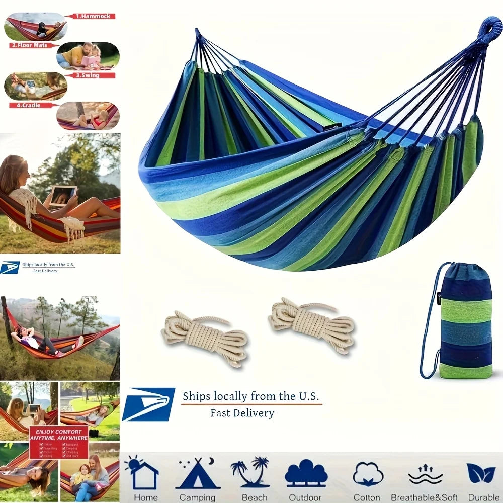 Double Hammock 2 Person Canvas Cotton Hammock with Tree Straps for Patio Garden Backyard Outdoor and Indoor (Red, Blue)