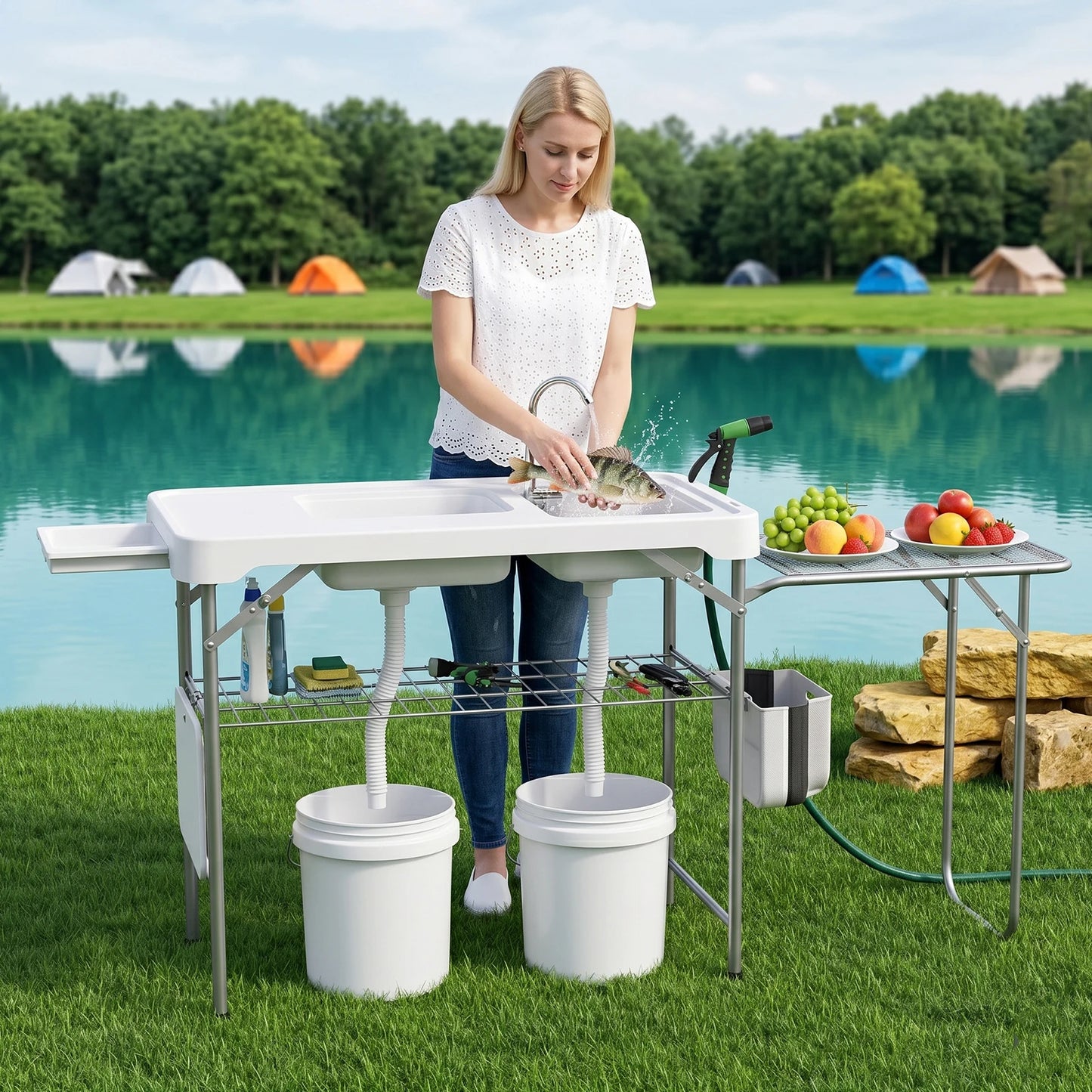 Fish Cleaning Table, Folding Camping Table with Folding Grill Extension Board, Portable Fish Cleaning Station with Dual Sinks, Drainage Hose, Sprayer, Grid Rack for Patio Backyard BBQ