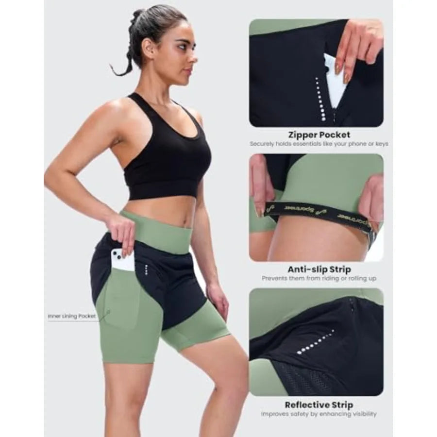 Sportneer Women Padded Bike Shorts - 4D Bicycle Cycling Shorts with 2 Zipper Pockets and 1 Inner Thigh Pocket