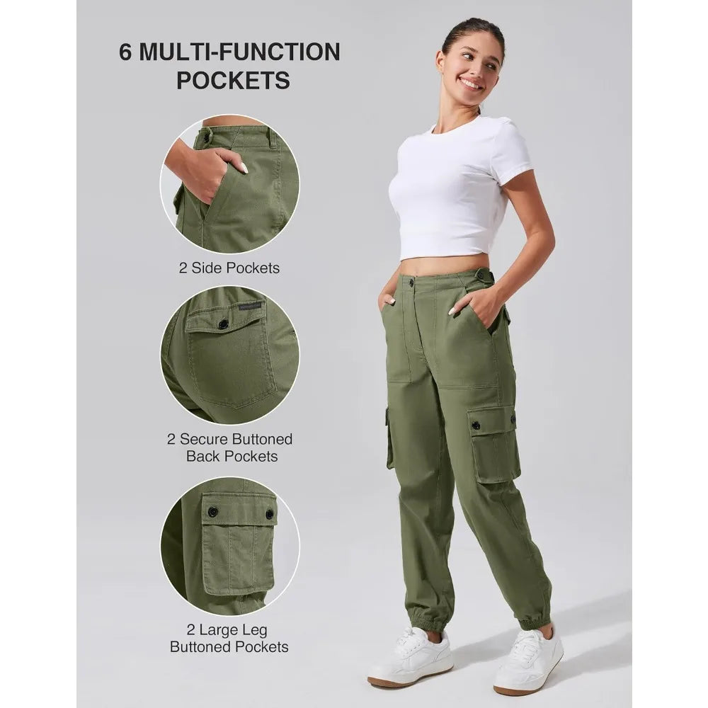 Pioneer Camp Women's Stretchy Cargo Pants with Pockets Cotton Climbing Hiking Casual High-Rise Joggers Adjustable Waist