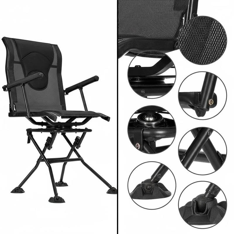 Folding chair, camping chair, fishing chair with armrests, adjustable carrying strap, and steel frame; folding garden chair (136 kg load capacity); 360° silent swivel; for picnics, garden, and outdoor use