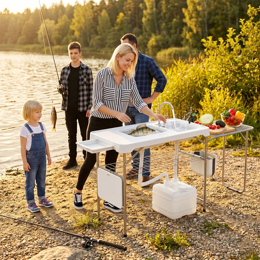 Fish Cleaning Table, Folding Camping Table with Folding Grill Extension Board, Portable Fish Cleaning Station with Dual Sinks, Drainage Hose, Sprayer, Grid Rack for Patio Backyard BBQ
