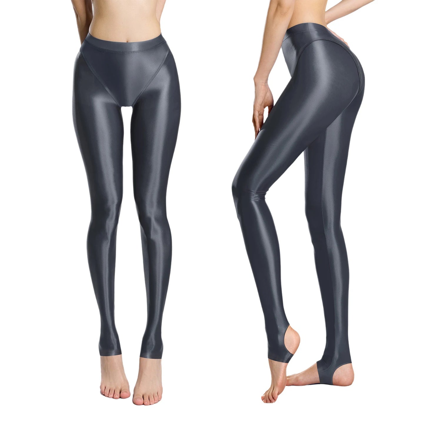 Women Glossy Stretchy Stirrup Leggings Skinny Rolling Up High Waist Slim Fit Tights for Fitness Gym Yoga Sports Control Pants