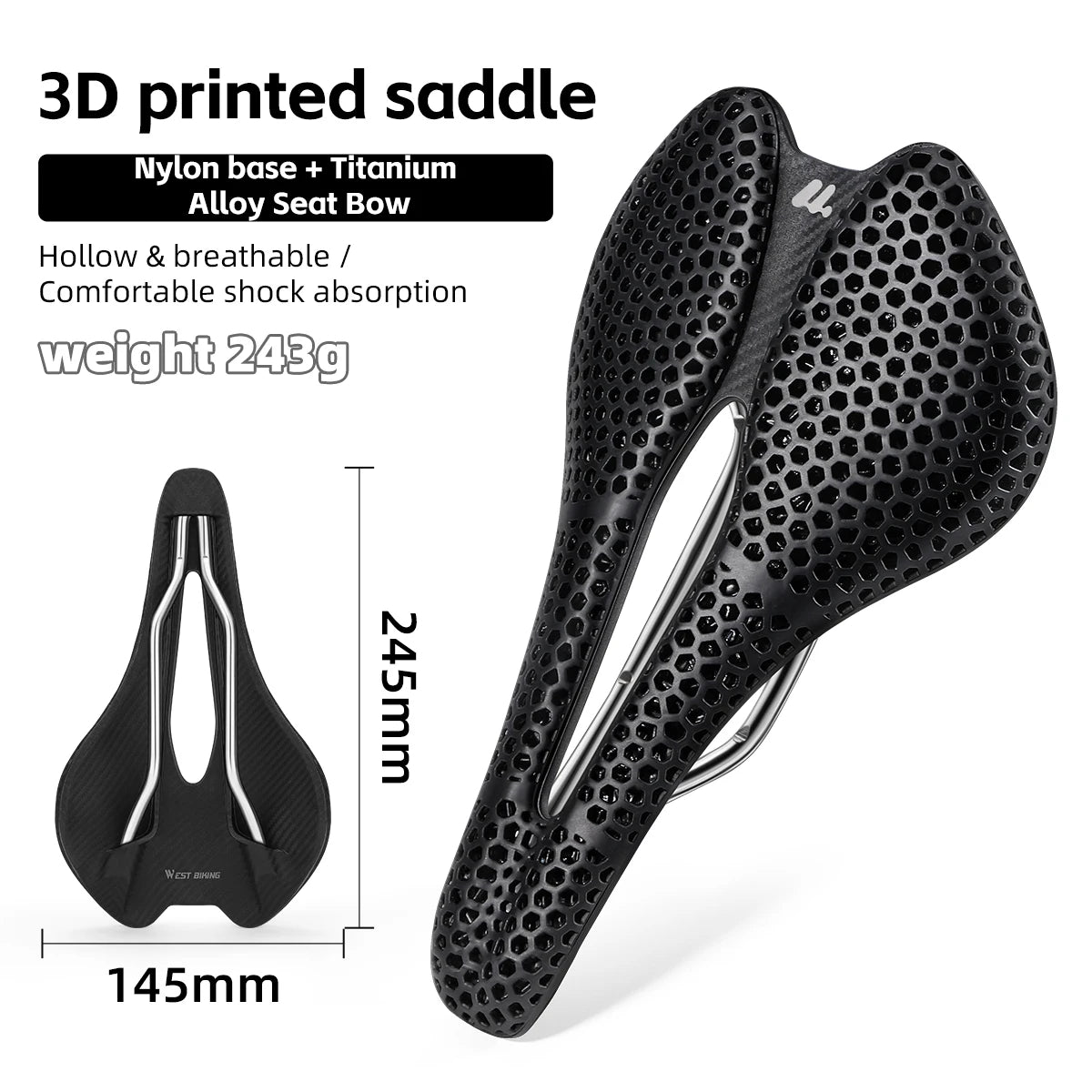 WEST BIKING 3D Printed Bicycle Saddle T700 Carbon Fiber/Titanium Alloy/Cr-Mo Seat Bow Comfort Cushion For Road Bikes 145/150mm