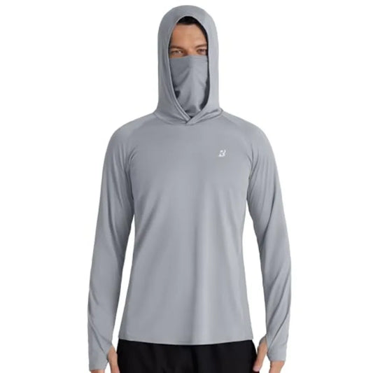 Roadbox Men's UPF 50+ Hooded Fishing Shirts Long Sleeve Sun Protection Hoodie, Hiking Running Swimming Rash Guard with Mask