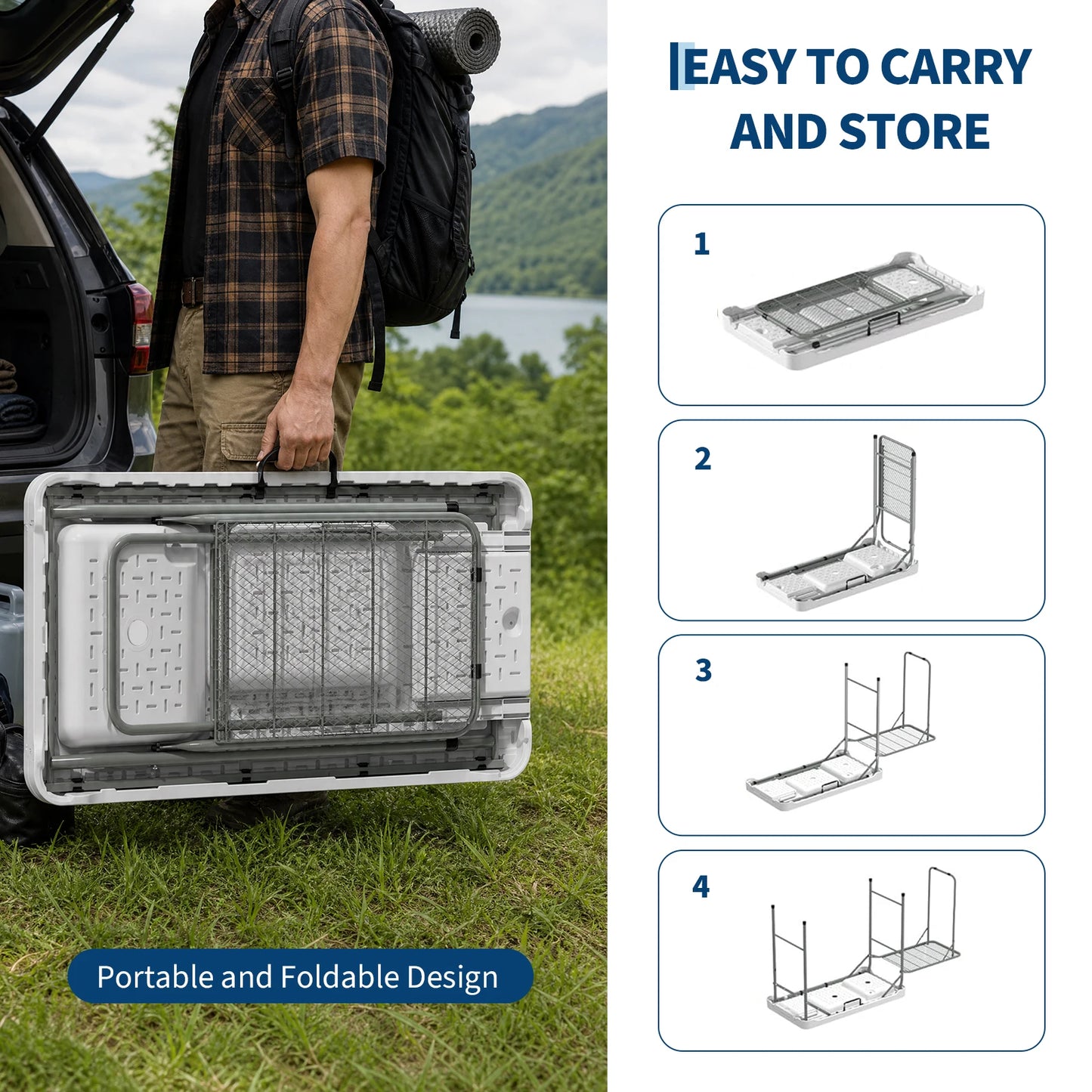 Fish Cleaning Table, Folding Camping Table with Folding Grill Extension Board, Portable Fish Cleaning Station with Dual Sinks, Drainage Hose, Sprayer, Grid Rack for Patio Backyard BBQ