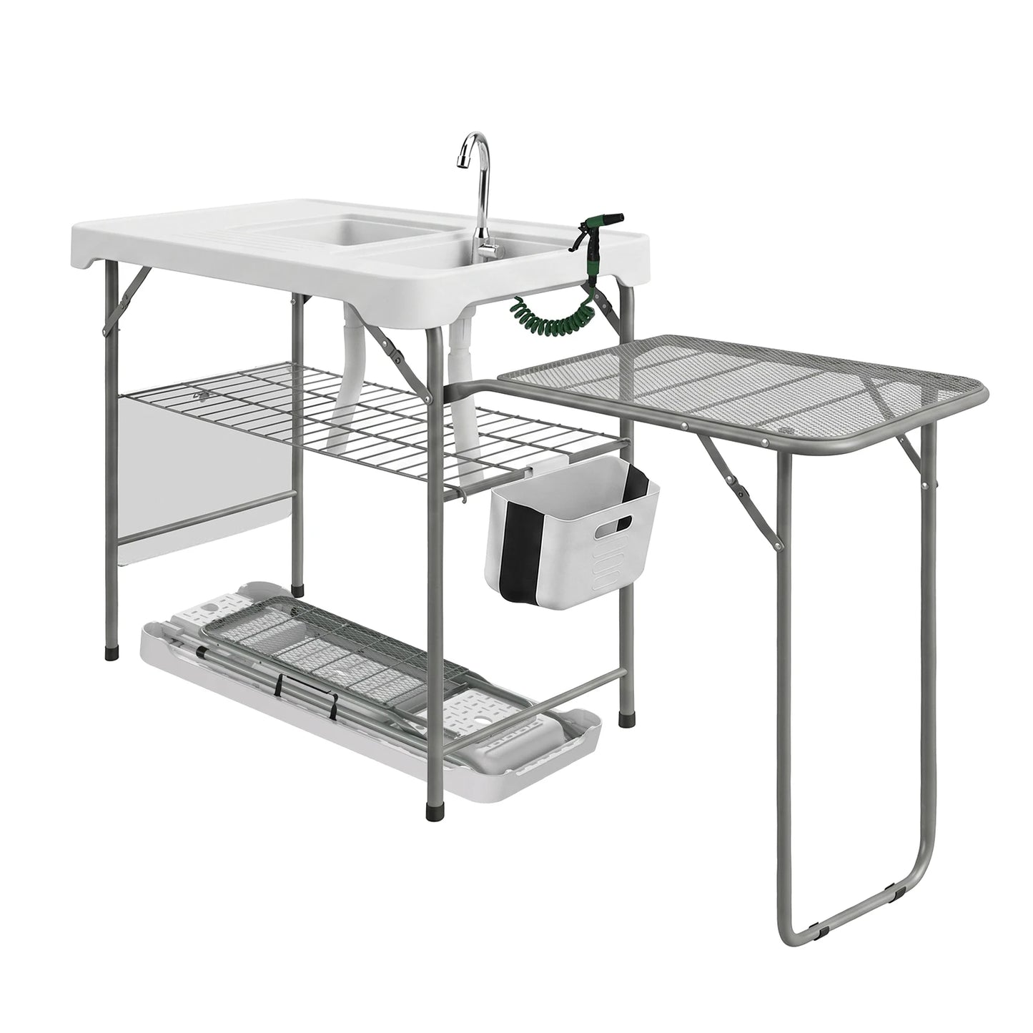Fish Cleaning Table, Folding Camping Table with Folding Grill Extension Board, Portable Fish Cleaning Station with Dual Sinks, Drainage Hose, Sprayer, Grid Rack for Patio Backyard BBQ