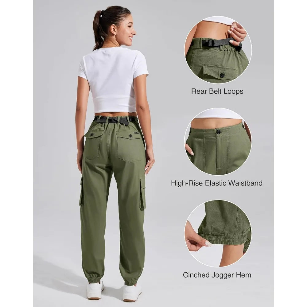 Pioneer Camp Women's Stretchy Cargo Pants with Pockets Cotton Climbing Hiking Casual High-Rise Joggers Adjustable Waist