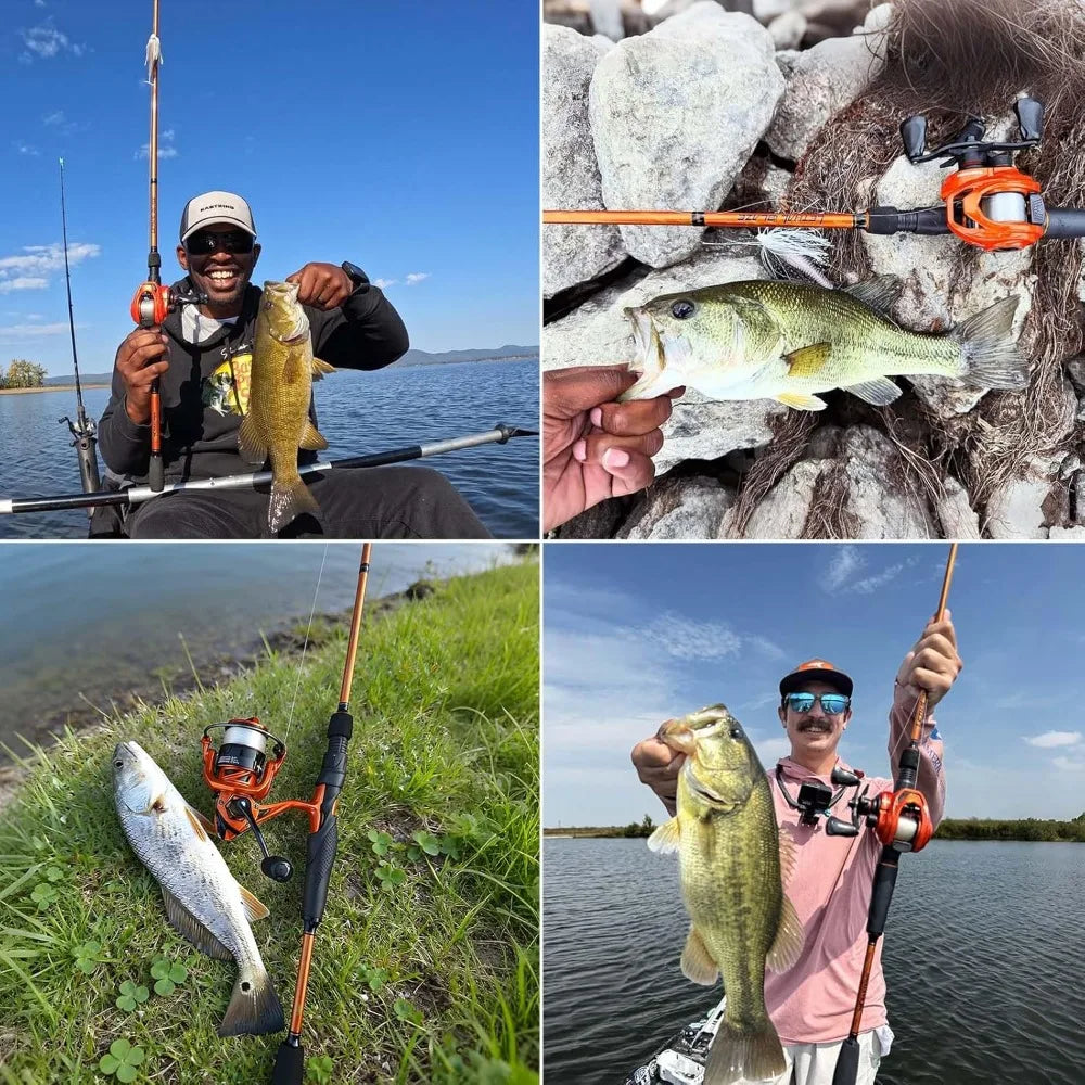 Twin-tip Fishing Rod and Reel Combo, Spinning & Baitcaster Combo, Flame Pattern, IM6 Graphite 2Pc Rod with Backup Tip, Stainless Guides, EVA Handle
