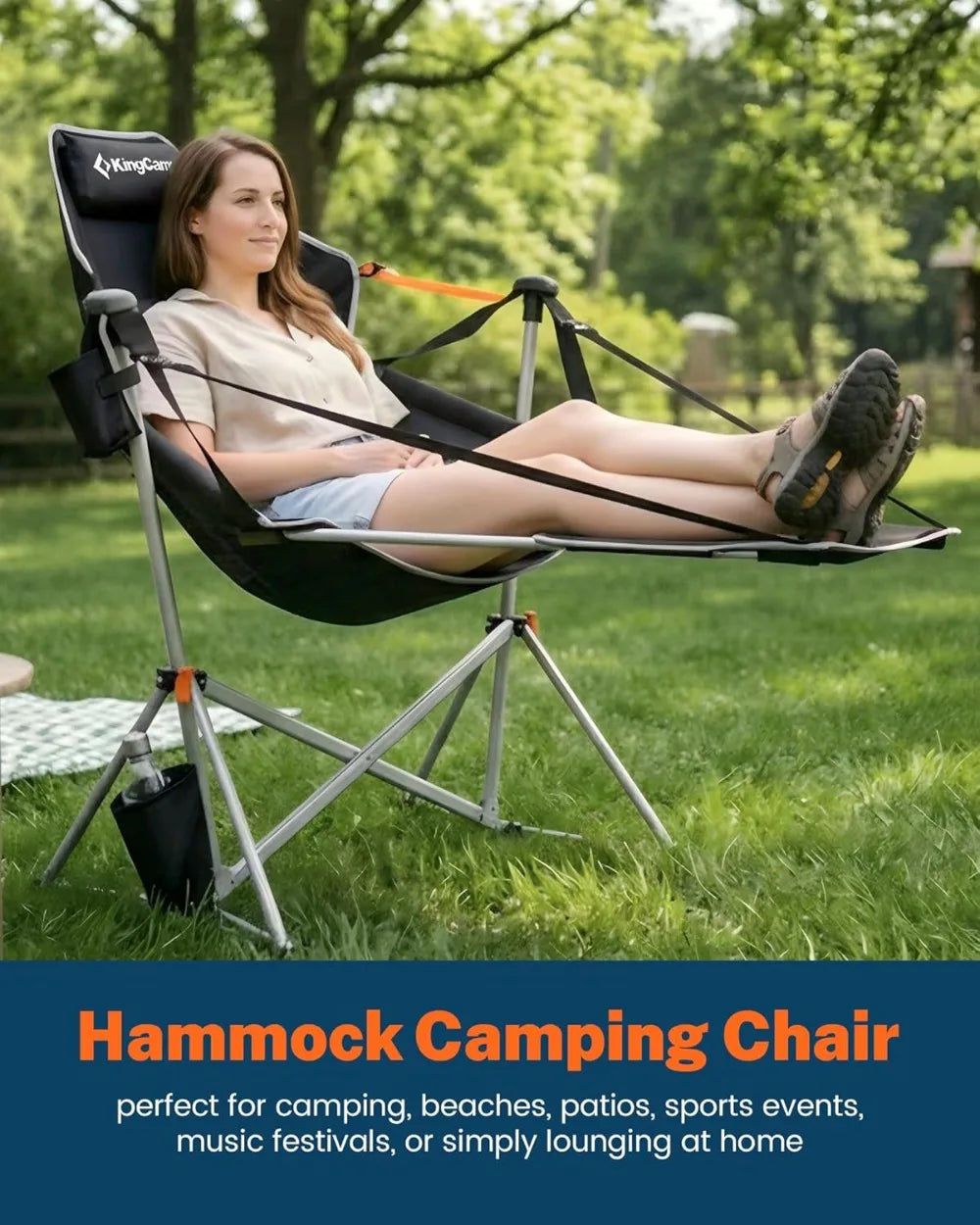 Heavy Duty Hammock Chair with Footrest – Folding Oversized Rocker for Adults up to 400lbs, with Cup Holder & Pillow for Outdoor Beach Lawn RV Sports