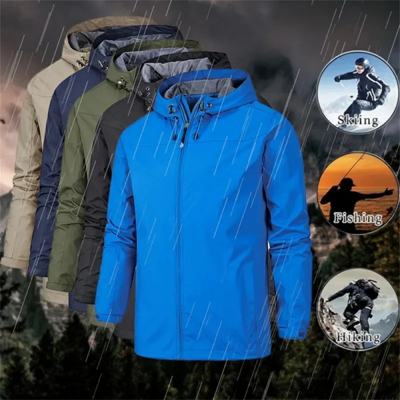 2026 New Men's Hooded Waterproof Jacket Windproof Lightweight Outdoor Camping Hiking Mountaineering Sports Long Sleeve Coat