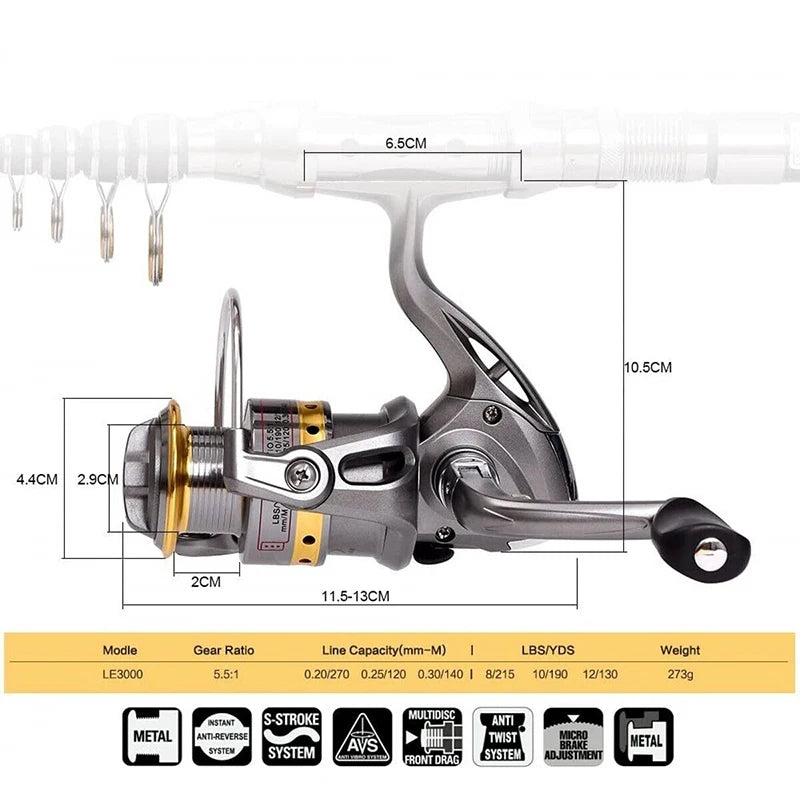 2.4m-10 Sections Fishing Rod Reel Combo Full Kit Telescopic Fishing Rods Spinning Reels Set with Hooks Soft Lures Barrel Swivels