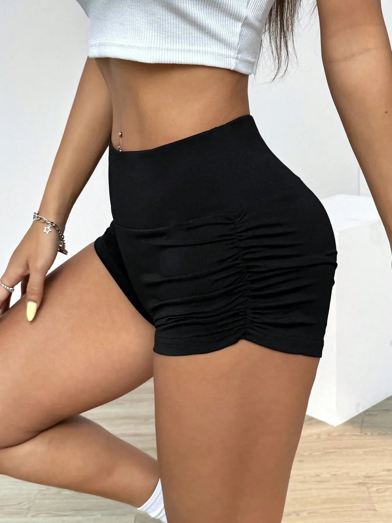 EZwear Ladies' Solid Color Ruched Biker Shorts, Summer Biking,Yoga Sports