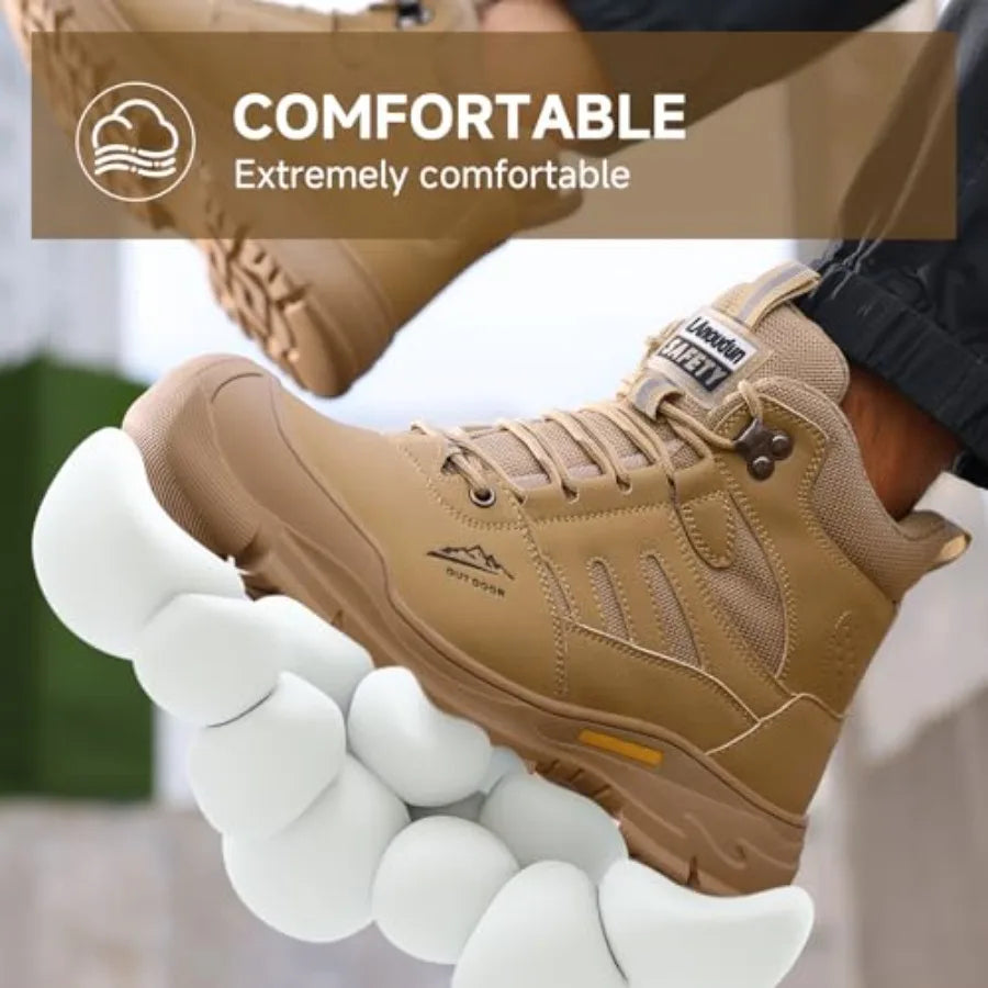 Steel Toe Boots for Men Indestructible High Top Work Shoes for Men Comfortable Safety Shoes Puncture Proof Hiking Construction